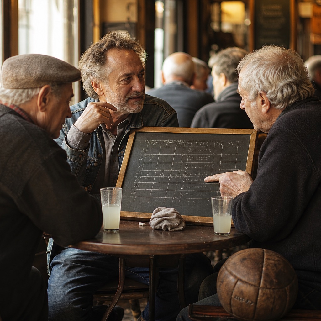 Table de bistrot avec une grande ardoise de pronostics posée entre deux limonades, craie et vieux ballon de cuir sur le banc
